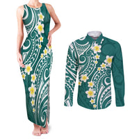 Plumeria With Teal Polynesian Tattoo Pattern Couples Matching Tank Maxi Dress and Long Sleeve Button Shirt LT05 Teal - Polynesian Pride