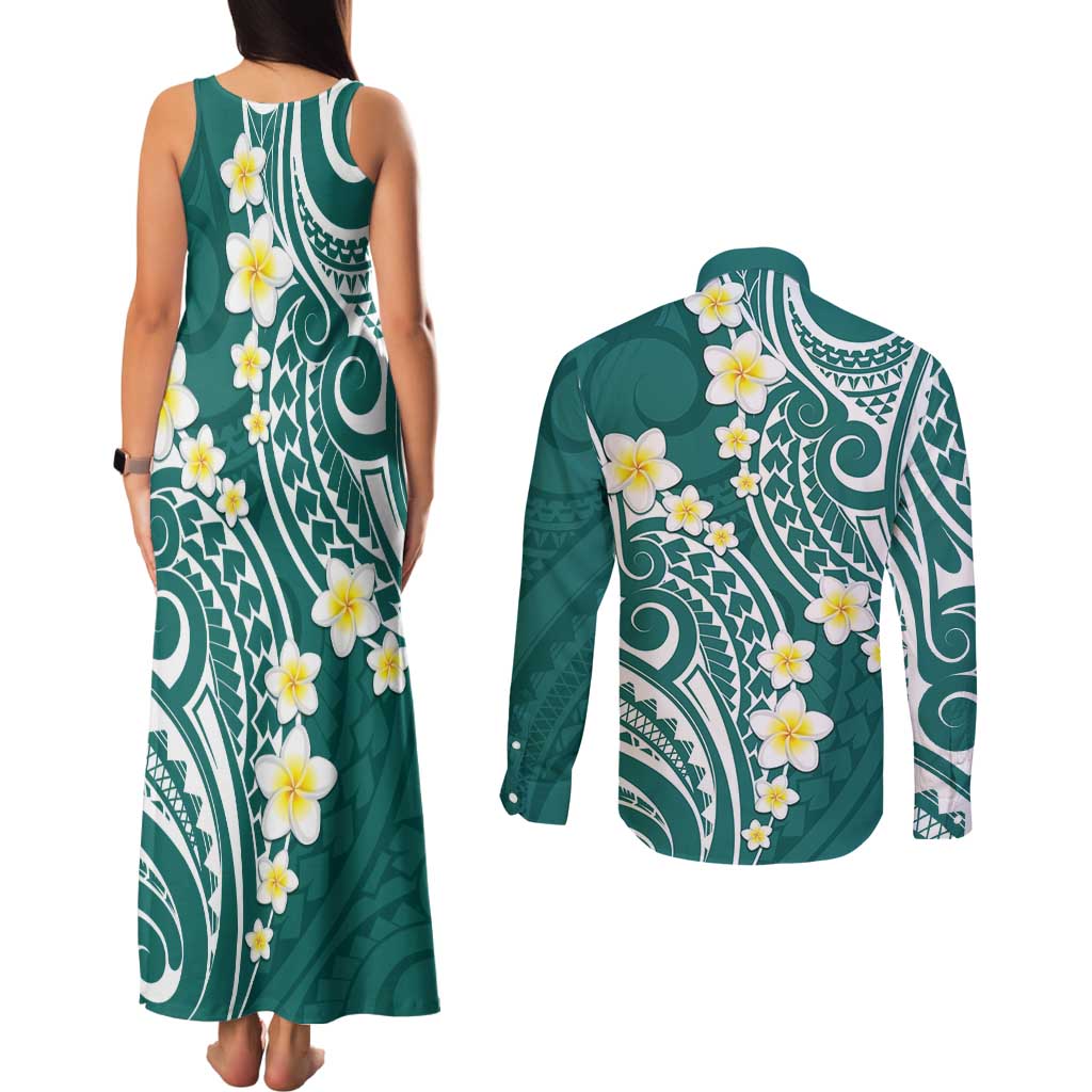 Plumeria With Teal Polynesian Tattoo Pattern Couples Matching Tank Maxi Dress and Long Sleeve Button Shirt LT05 - Polynesian Pride