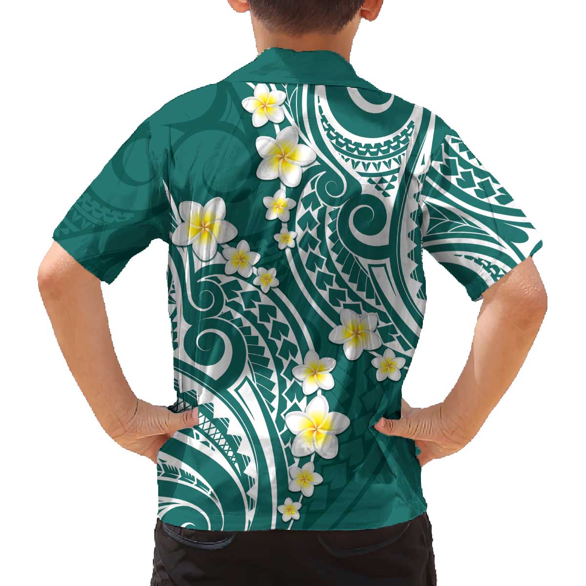 Plumeria With Teal Polynesian Tattoo Pattern Family Matching Off The Shoulder Long Sleeve Dress and Hawaiian Shirt LT05 - Polynesian Pride
