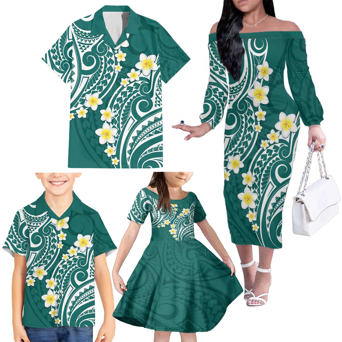 Plumeria With Teal Polynesian Tattoo Pattern Family Matching Off The Shoulder Long Sleeve Dress and Hawaiian Shirt