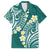 Plumeria With Teal Polynesian Tattoo Pattern Family Matching Off The Shoulder Long Sleeve Dress and Hawaiian Shirt