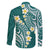 Plumeria With Teal Polynesian Tattoo Pattern Family Matching Off The Shoulder Long Sleeve Dress and Hawaiian Shirt