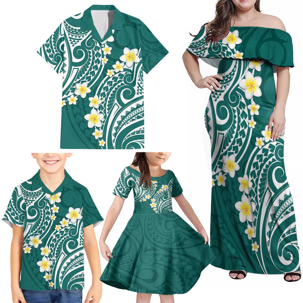 Plumeria With Teal Polynesian Tattoo Pattern Family Matching Off Shoulder Maxi Dress and Hawaiian Shirt LT05 - Polynesian Pride