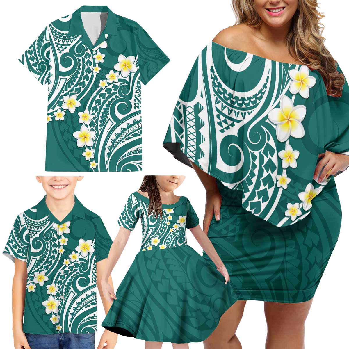 Plumeria With Teal Polynesian Tattoo Pattern Family Matching Off Shoulder Short Dress and Hawaiian Shirt