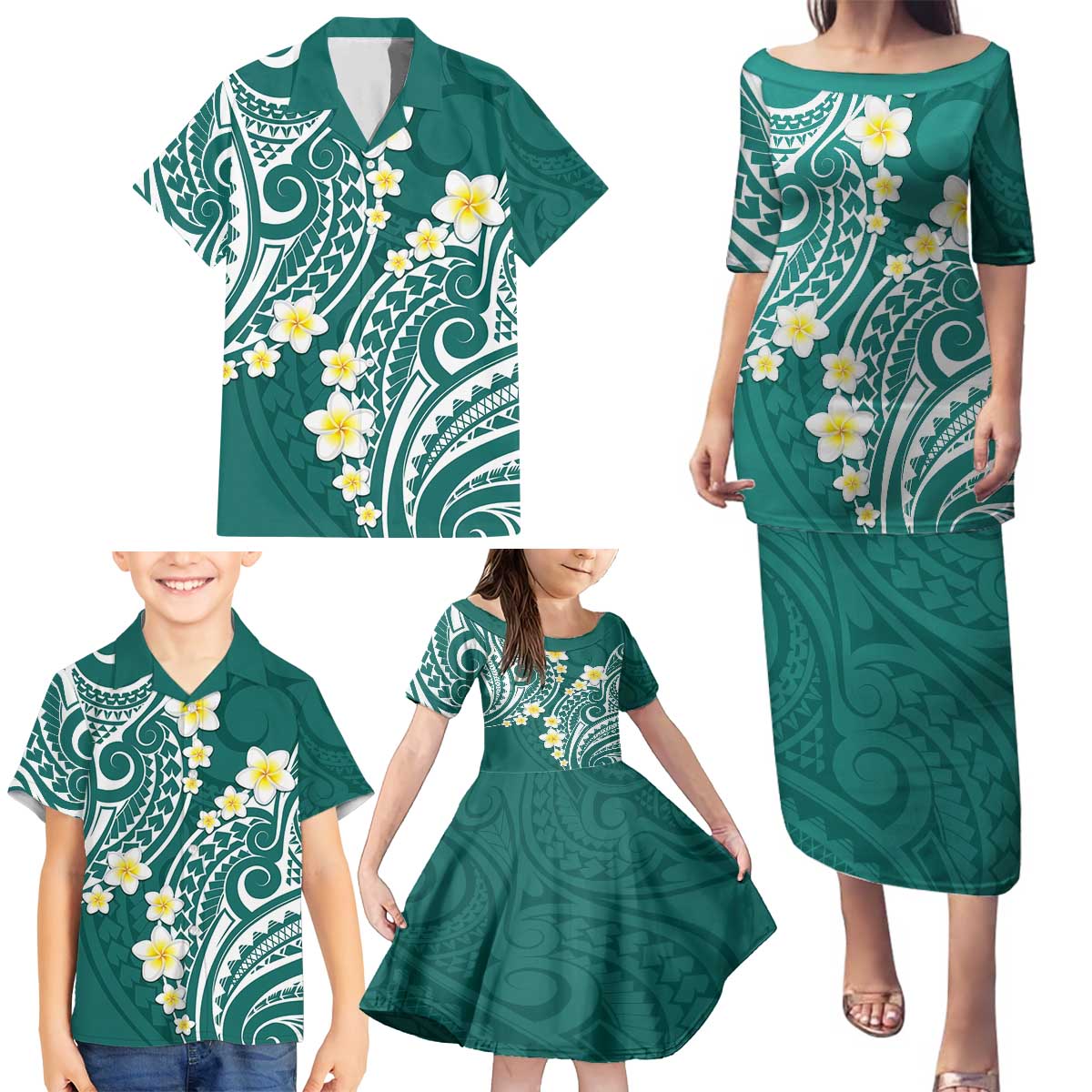 Plumeria With Teal Polynesian Tattoo Pattern Family Matching Puletasi and Hawaiian Shirt LT05 - Polynesian Pride