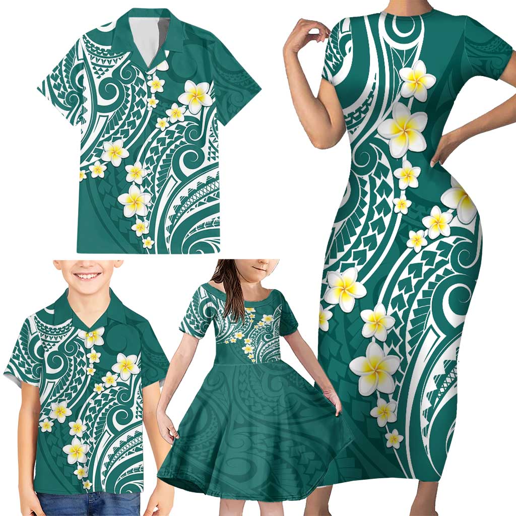 Plumeria With Teal Polynesian Tattoo Pattern Family Matching Short Sleeve Bodycon Dress and Hawaiian Shirt