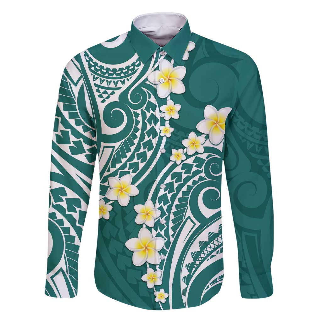 Plumeria With Teal Polynesian Tattoo Pattern Family Matching Short Sleeve Bodycon Dress and Hawaiian Shirt LT05 Dad's Shirt - Long Sleeve Teal - Polynesian Pride
