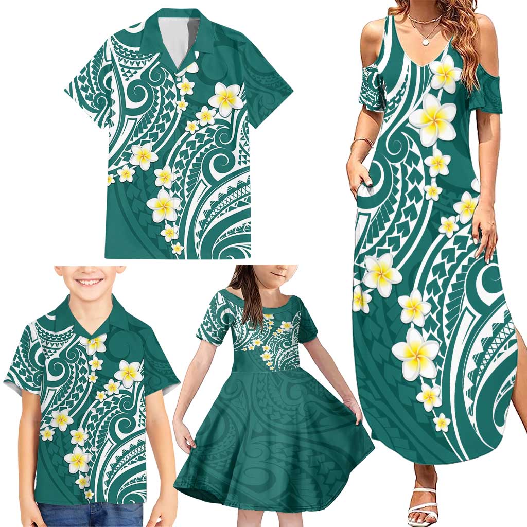 Plumeria With Teal Polynesian Tattoo Pattern Family Matching Summer Maxi Dress and Hawaiian Shirt