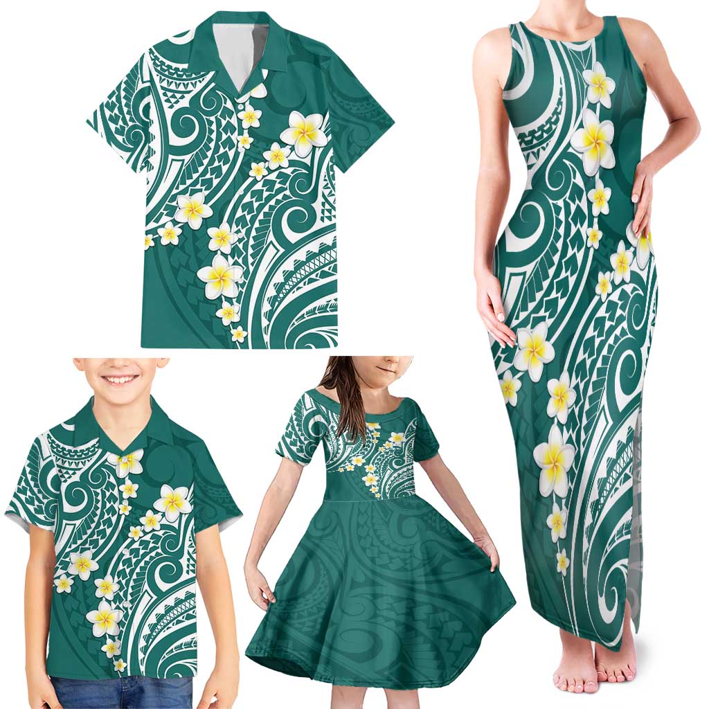 Plumeria With Teal Polynesian Tattoo Pattern Family Matching Tank Maxi Dress and Hawaiian Shirt LT05 - Polynesian Pride