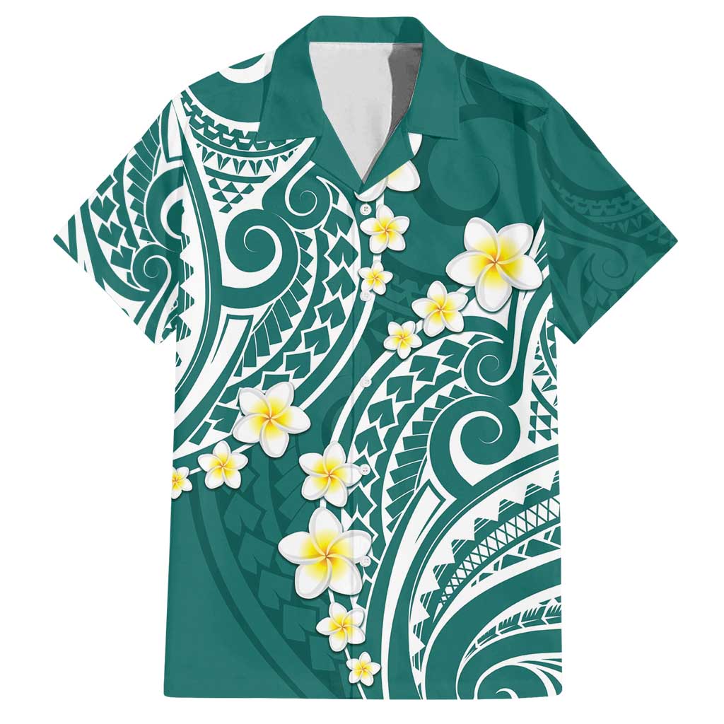 Plumeria With Teal Polynesian Tattoo Pattern Family Matching Tank Maxi Dress and Hawaiian Shirt LT05 Dad's Shirt - Short Sleeve Teal - Polynesian Pride