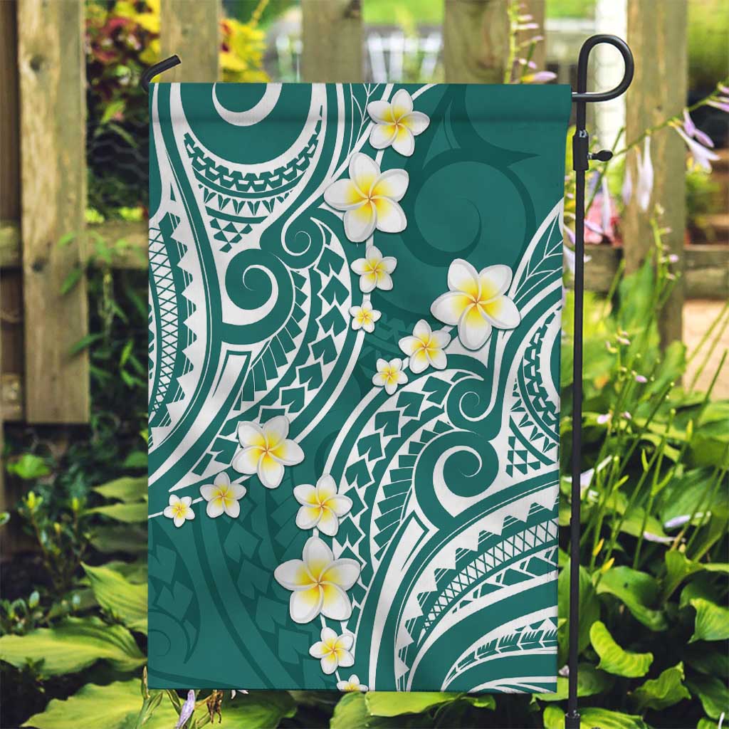 Plumeria With Teal Polynesian Tattoo Pattern Garden Flag LT05 Garden Flag Teal - Polynesian Pride