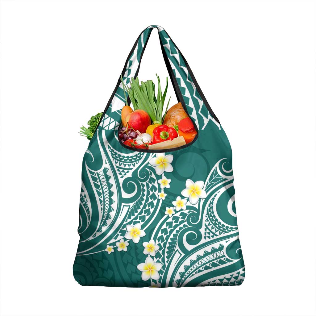 Plumeria With Teal Polynesian Tattoo Pattern Grocery Bag LT05 1-pack One Size Teal - Polynesian Pride