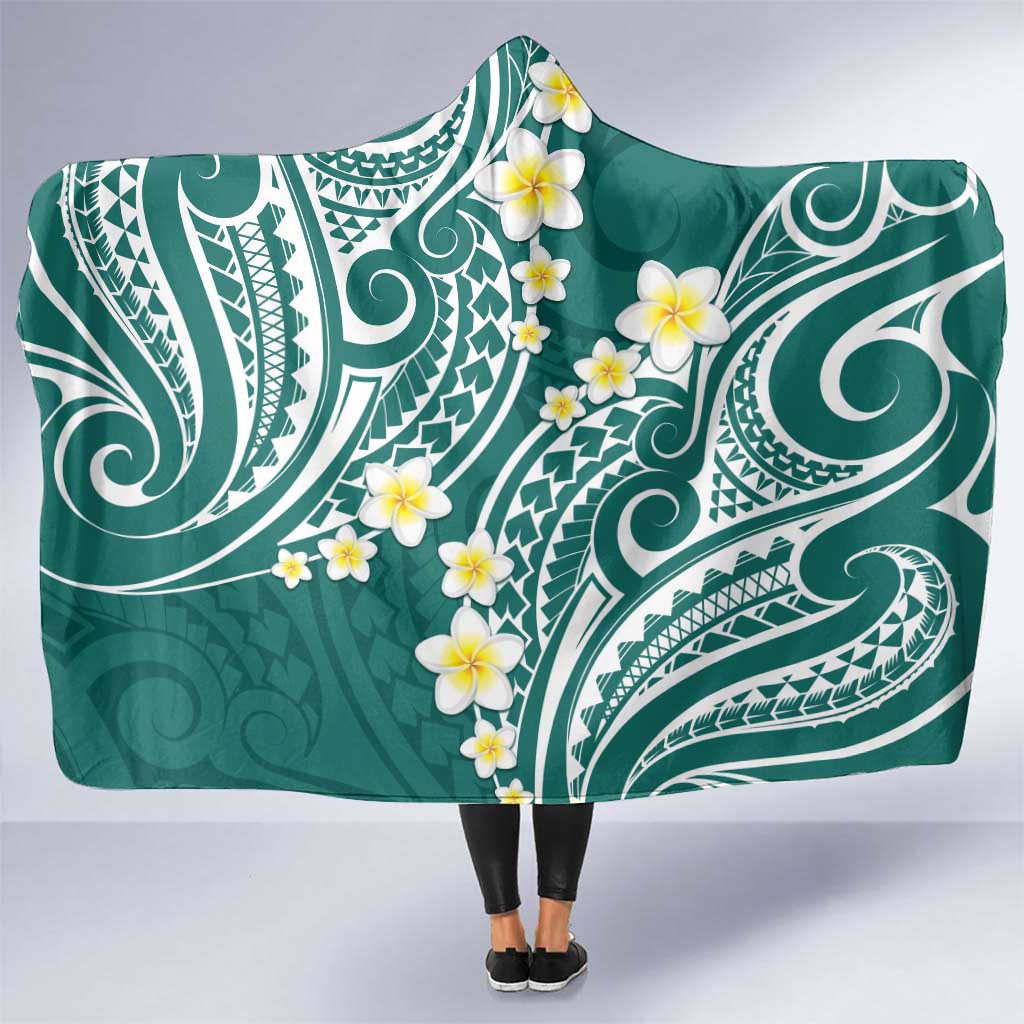 Plumeria With Teal Polynesian Tattoo Pattern Hooded Blanket