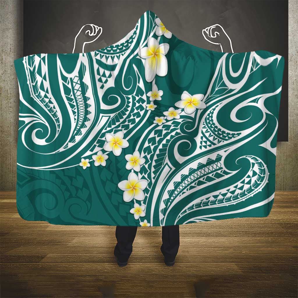 Plumeria With Teal Polynesian Tattoo Pattern Hooded Blanket LT05 - Polynesian Pride
