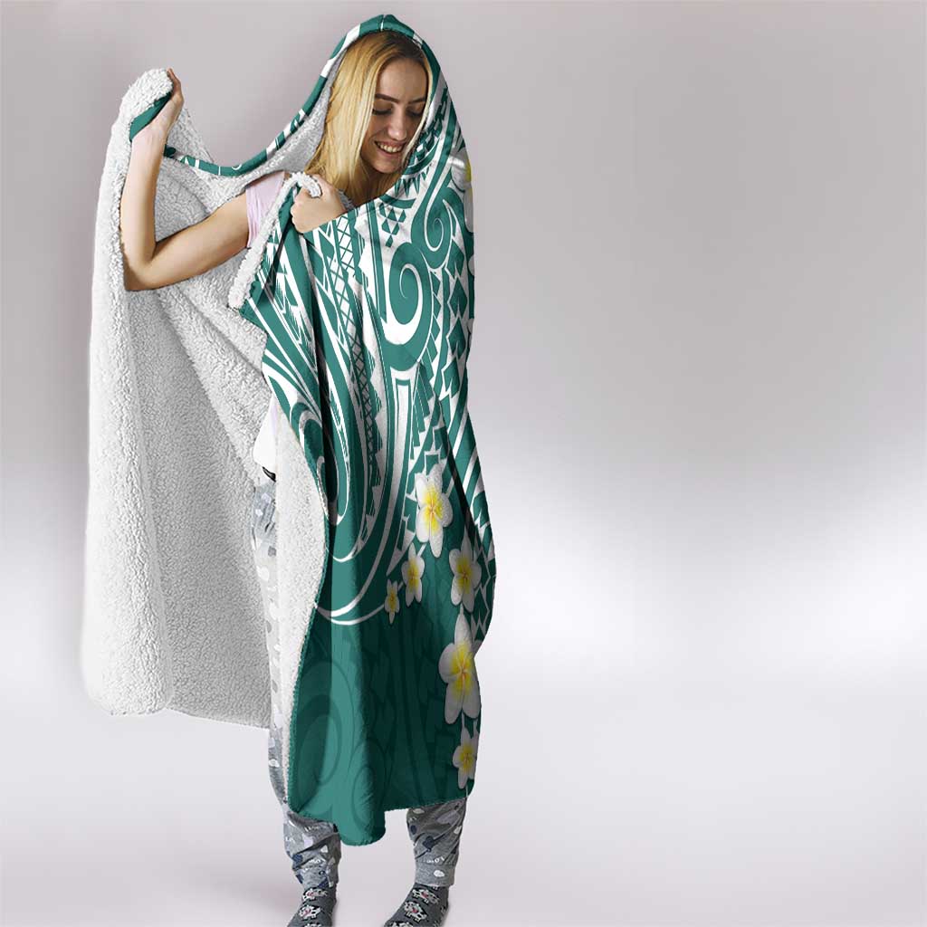 Plumeria With Teal Polynesian Tattoo Pattern Hooded Blanket LT05 - Polynesian Pride