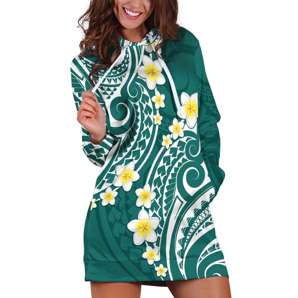 Plumeria With Teal Polynesian Tattoo Pattern Hoodie Dress LT05 Teal - Polynesian Pride