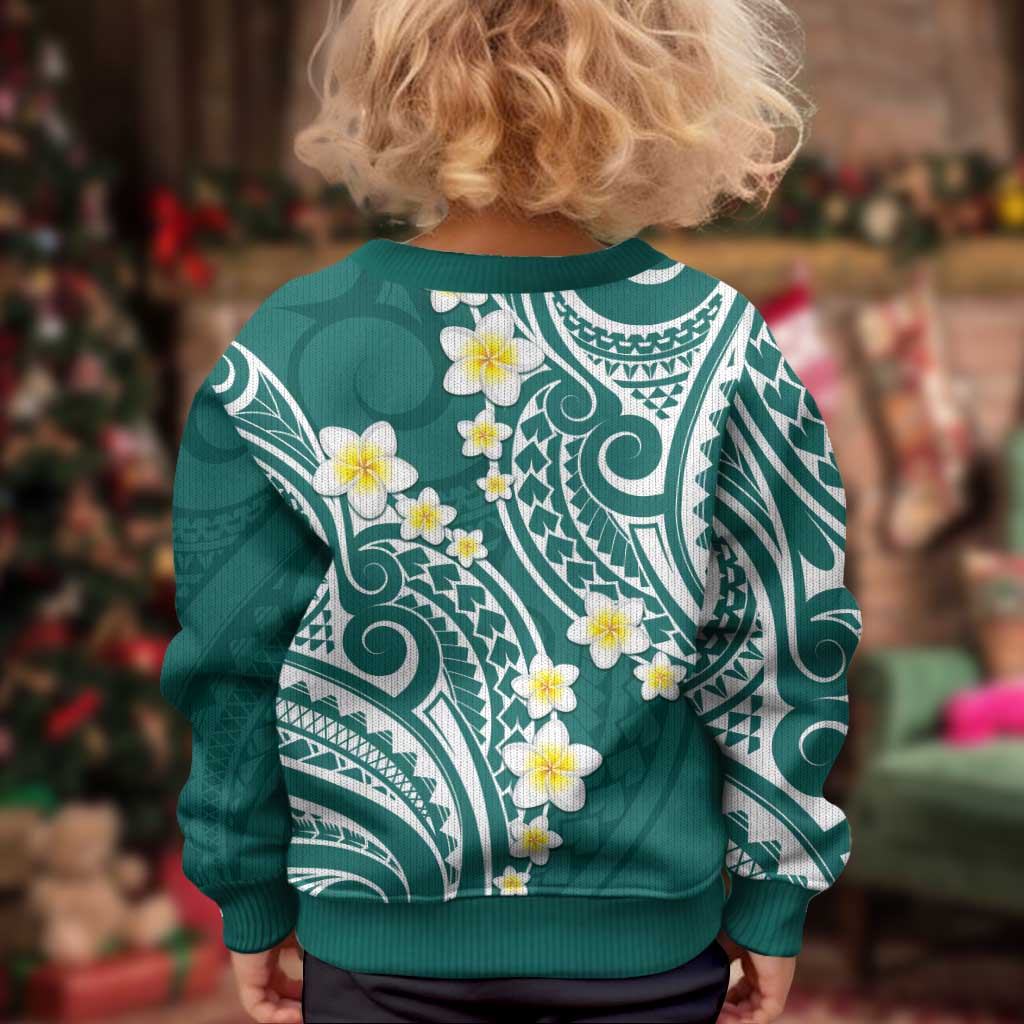 Plumeria With Teal Polynesian Tattoo Pattern Kid Ugly Christmas Sweater