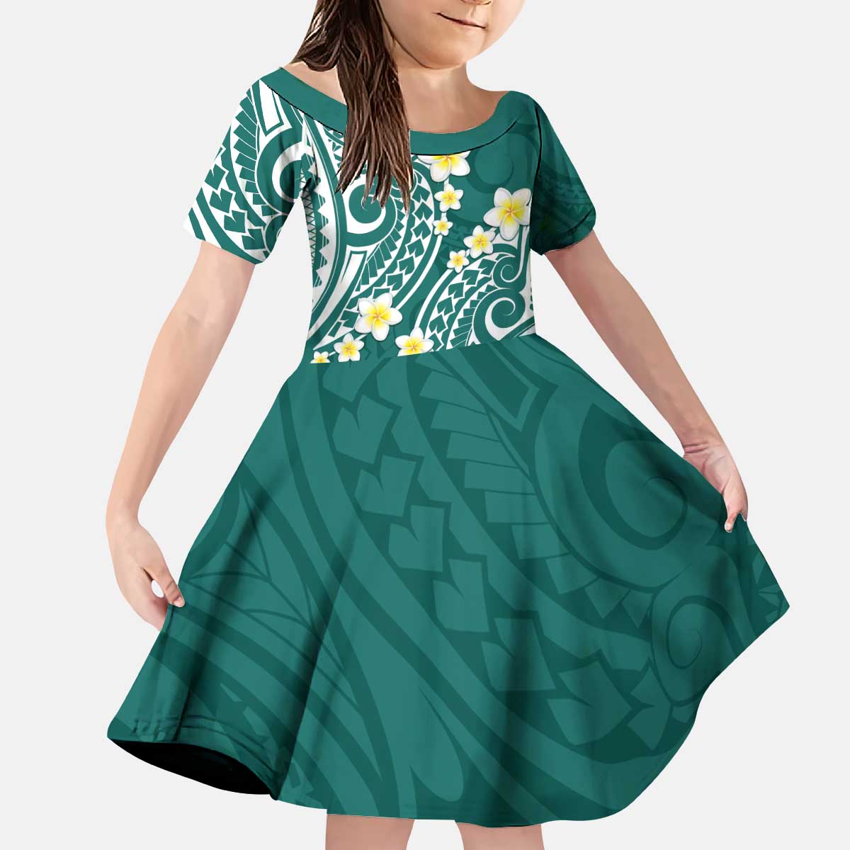 Plumeria With Teal Polynesian Tattoo Pattern Kid Short Sleeve Dress