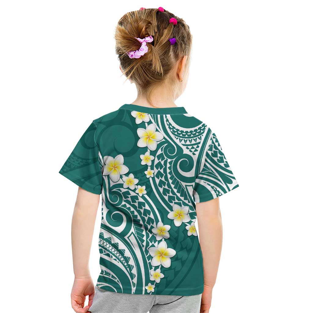 Plumeria With Teal Polynesian Tattoo Pattern Kid T Shirt