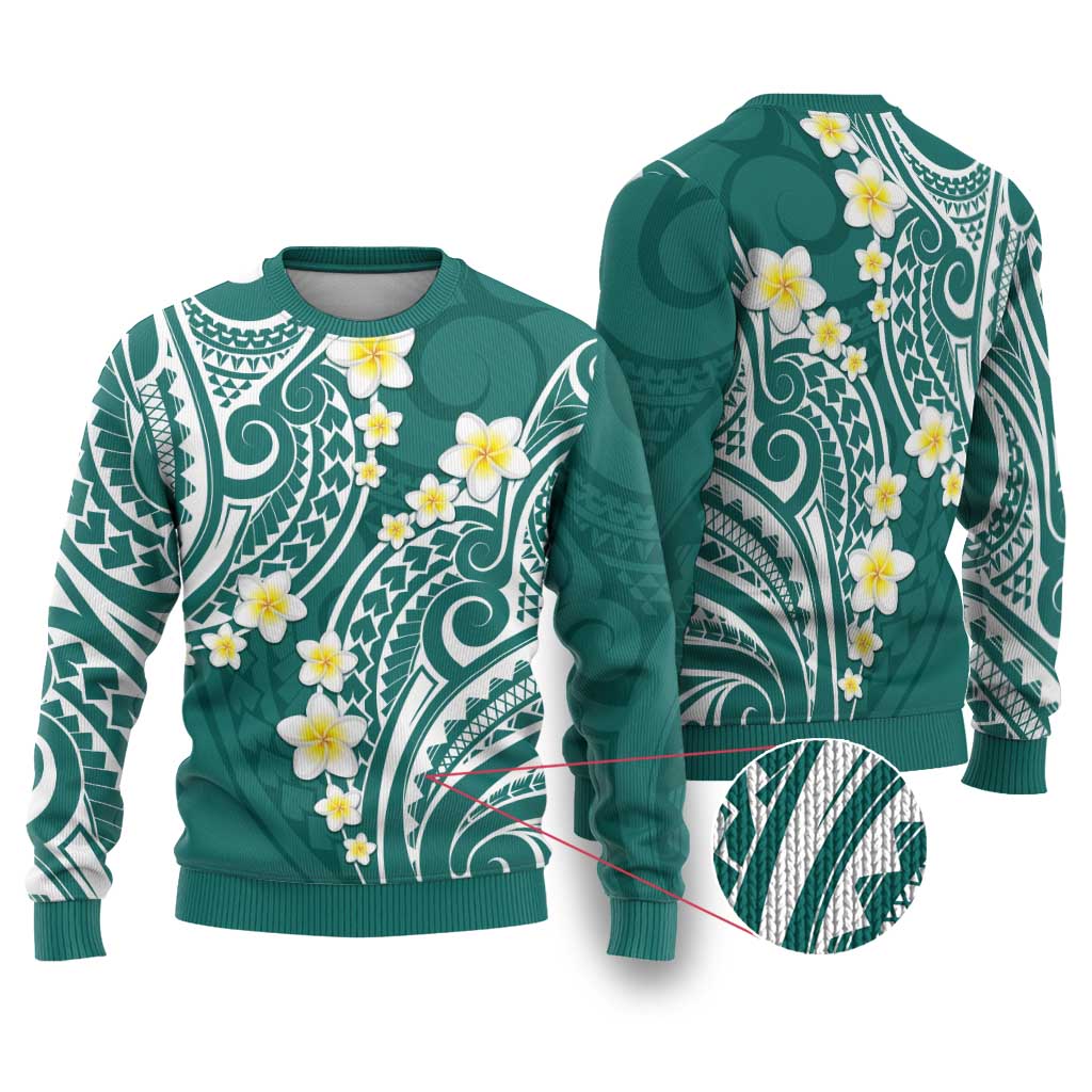 Plumeria With Teal Polynesian Tattoo Pattern Ugly Christmas Sweater