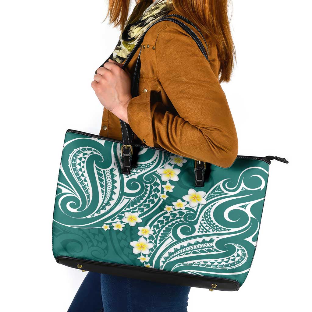 Plumeria With Teal Polynesian Tattoo Pattern Leather Tote Bag LT05 Teal - Polynesian Pride