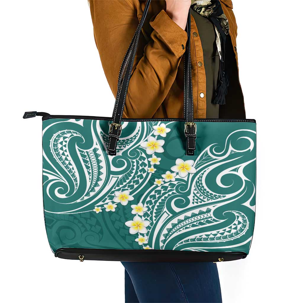 Plumeria With Teal Polynesian Tattoo Pattern Leather Tote Bag LT05 - Polynesian Pride