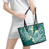 Plumeria With Teal Polynesian Tattoo Pattern Leather Tote Bag LT05 - Polynesian Pride