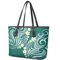 Plumeria With Teal Polynesian Tattoo Pattern Leather Tote Bag LT05 - Polynesian Pride