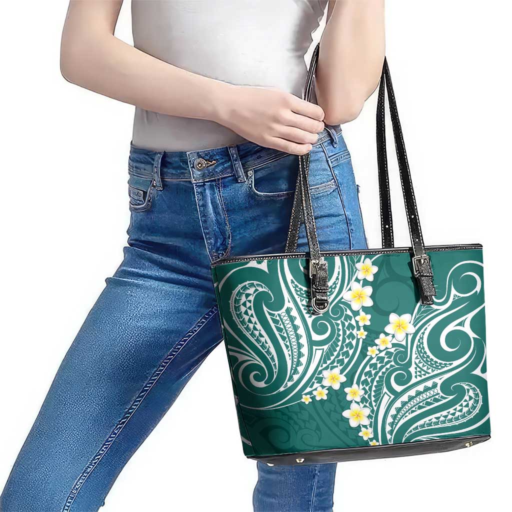 Plumeria With Teal Polynesian Tattoo Pattern Leather Tote Bag LT05 - Polynesian Pride