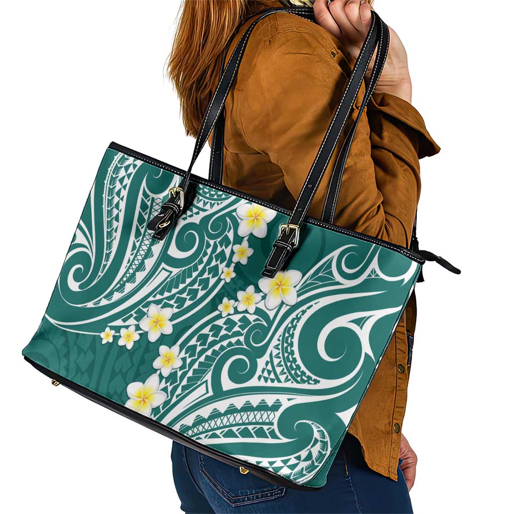 Plumeria With Teal Polynesian Tattoo Pattern Leather Tote Bag LT05 - Polynesian Pride
