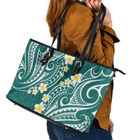 Plumeria With Teal Polynesian Tattoo Pattern Leather Tote Bag LT05 - Polynesian Pride