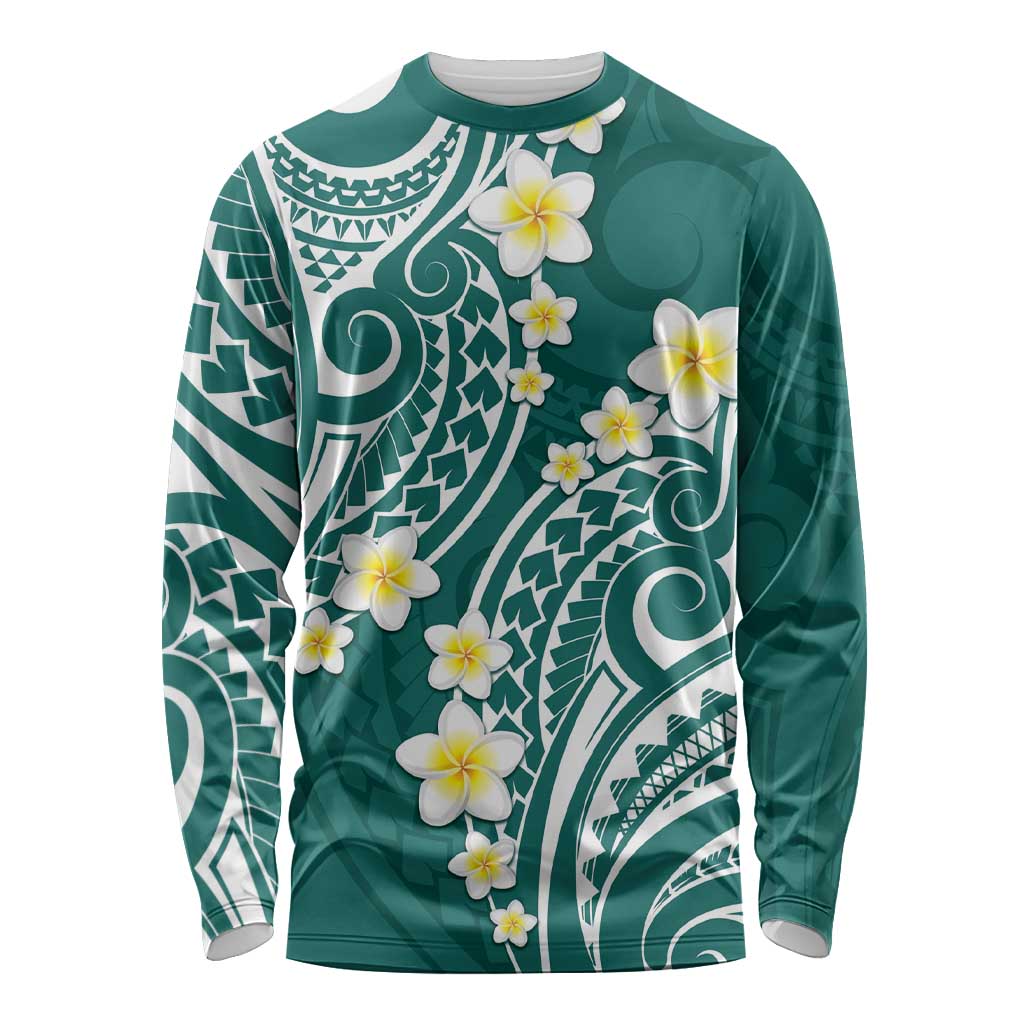 Plumeria With Teal Polynesian Tattoo Pattern Long Sleeve Shirt