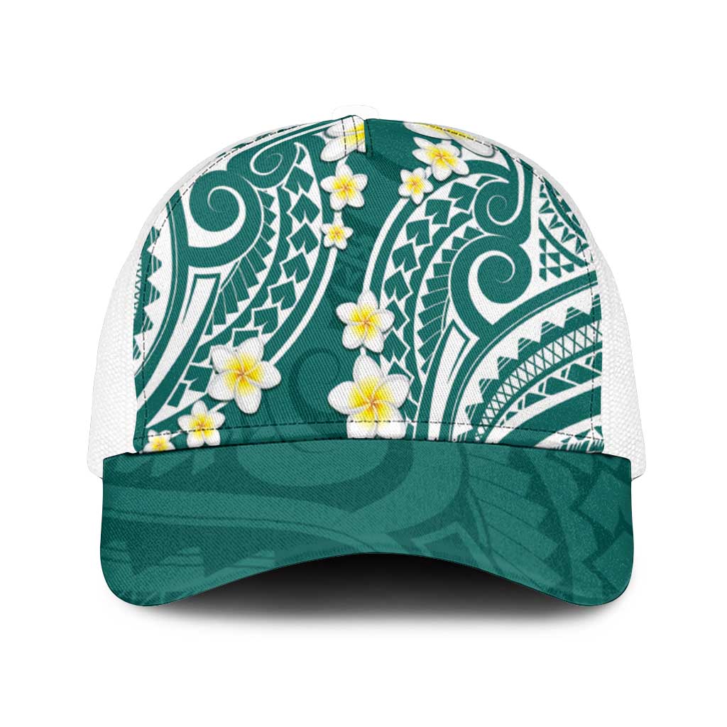 Plumeria With Teal Polynesian Tattoo Pattern Mesh Trucker Cap - Polynesian Pride