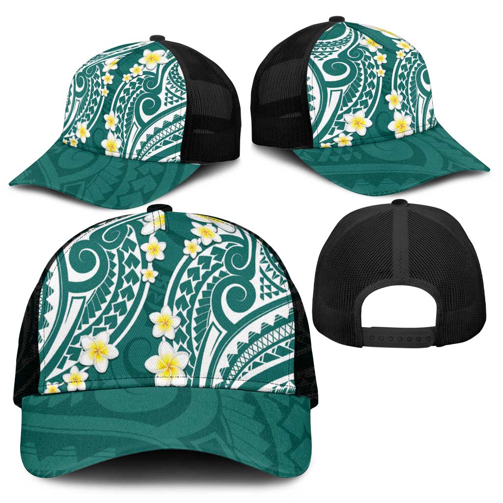 Plumeria With Teal Polynesian Tattoo Pattern Mesh Trucker Cap - Polynesian Pride