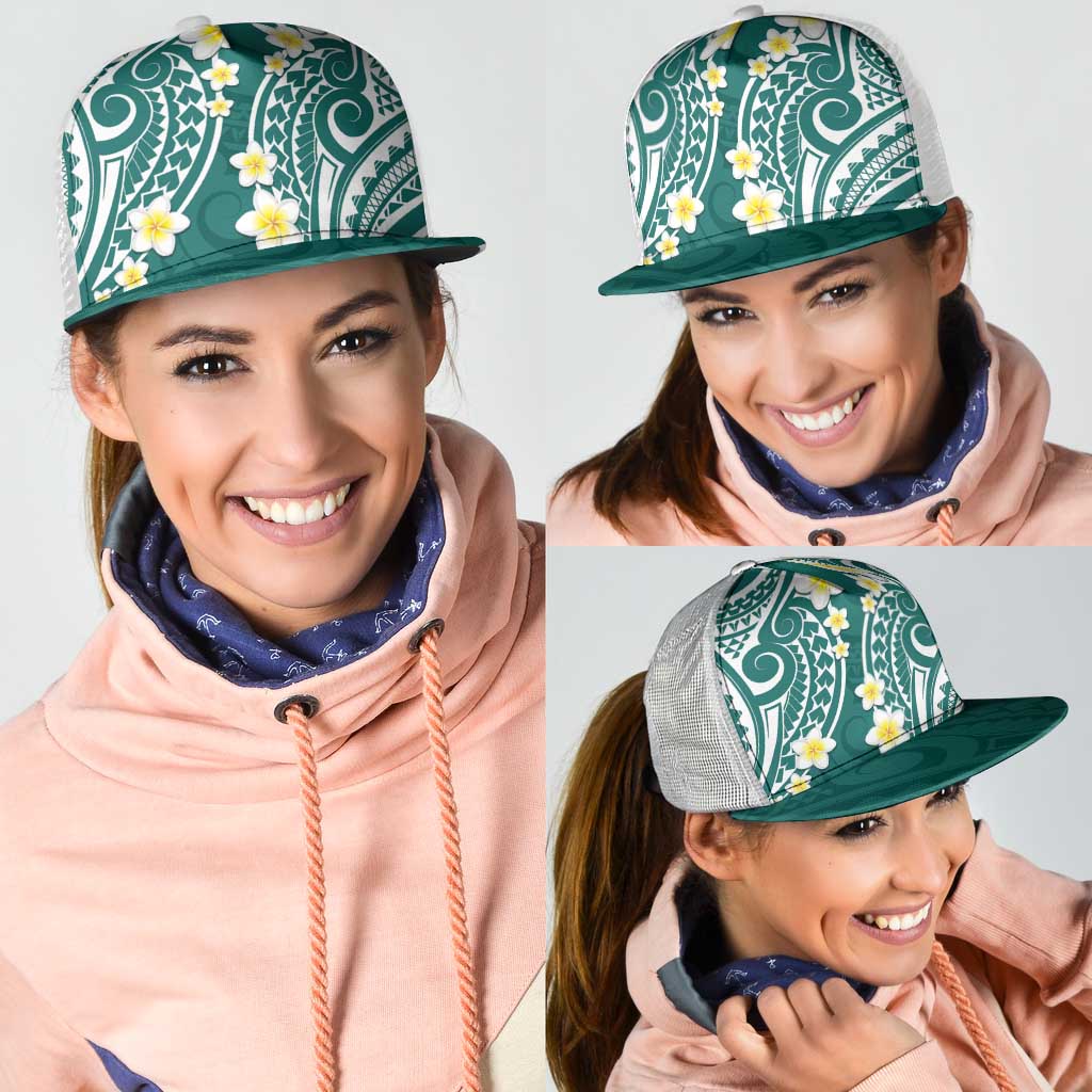 Plumeria With Teal Polynesian Tattoo Pattern Mesh Trucker Cap - Polynesian Pride