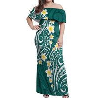 Plumeria With Teal Polynesian Tattoo Pattern Off Shoulder Maxi Dress LT05 Women Teal - Polynesian Pride