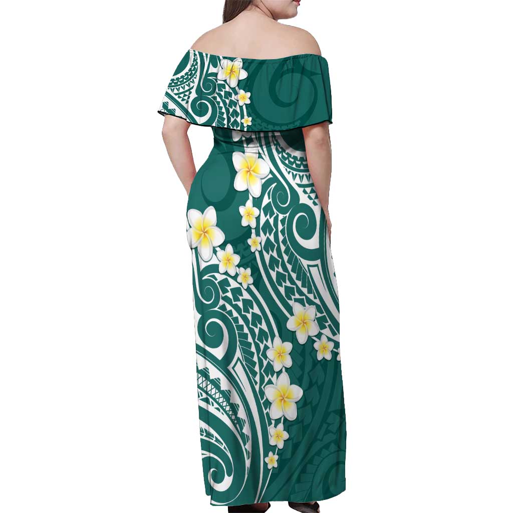 Plumeria With Teal Polynesian Tattoo Pattern Off Shoulder Maxi Dress LT05 - Polynesian Pride