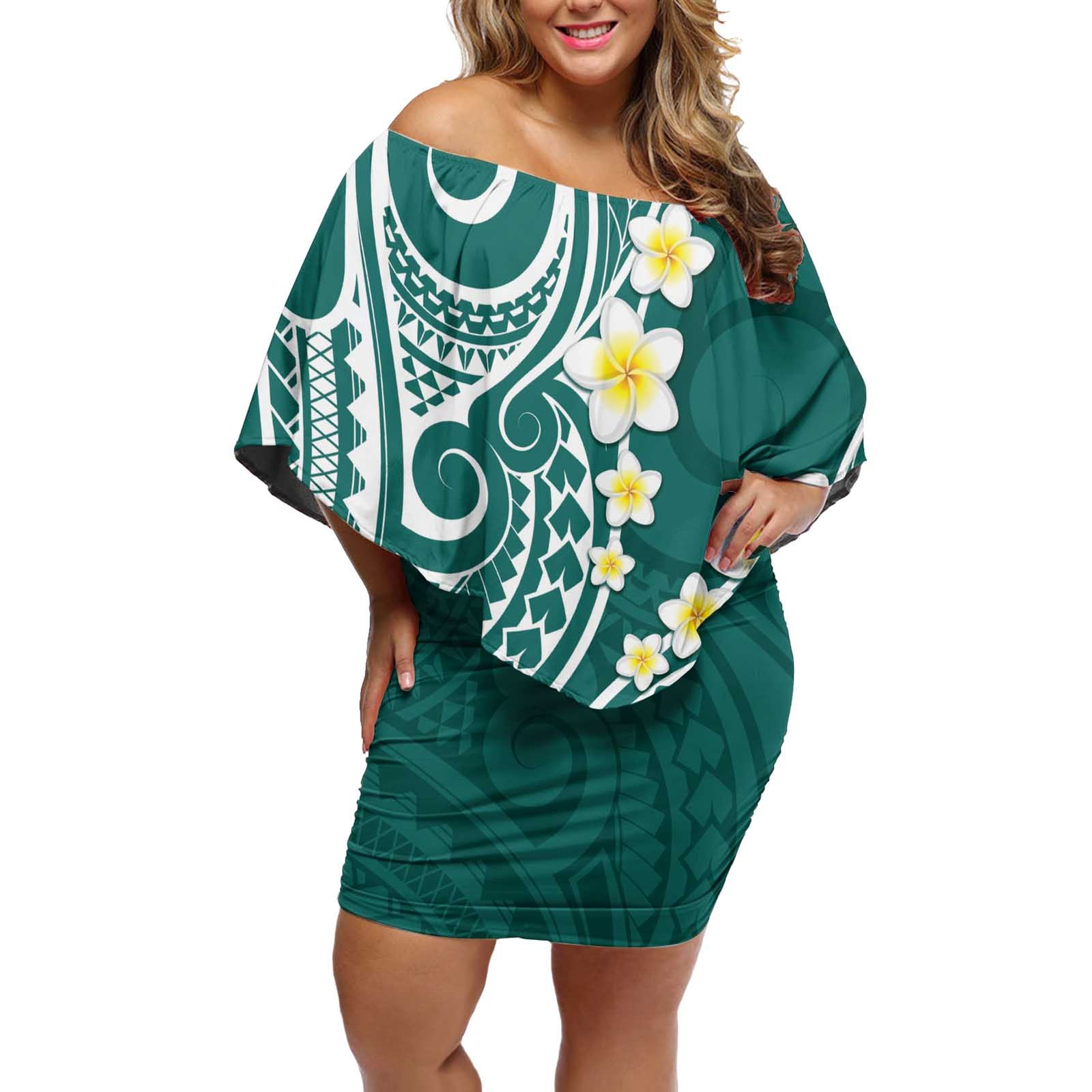 Plumeria With Teal Polynesian Tattoo Pattern Off Shoulder Short Dress LT05 Women Teal - Polynesian Pride