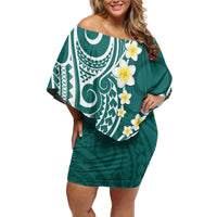 Plumeria With Teal Polynesian Tattoo Pattern Off Shoulder Short Dress LT05 Women Teal - Polynesian Pride