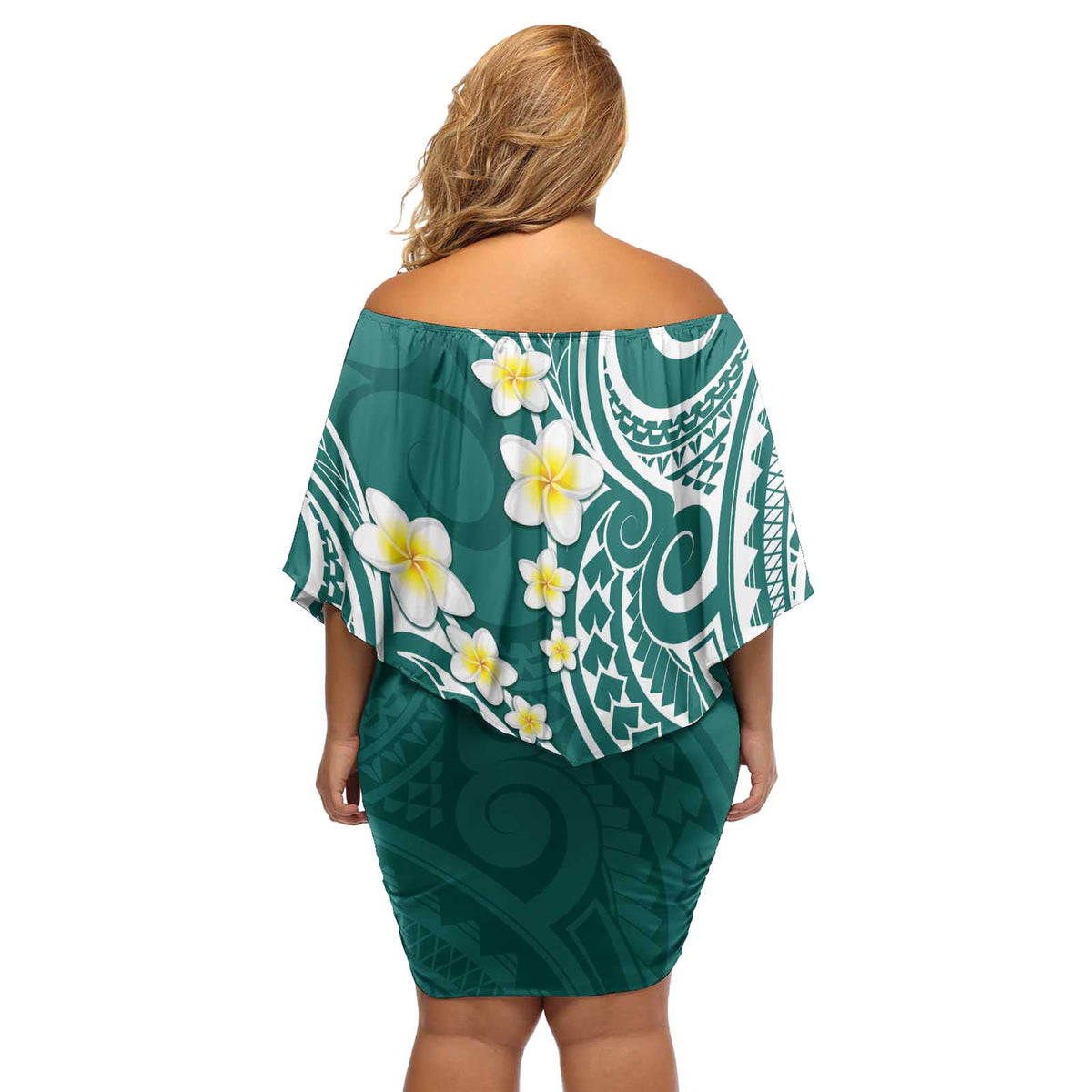 Plumeria With Teal Polynesian Tattoo Pattern Off Shoulder Short Dress LT05 - Polynesian Pride