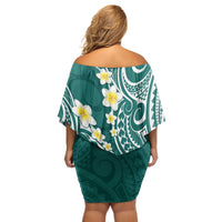 Plumeria With Teal Polynesian Tattoo Pattern Off Shoulder Short Dress LT05 - Polynesian Pride