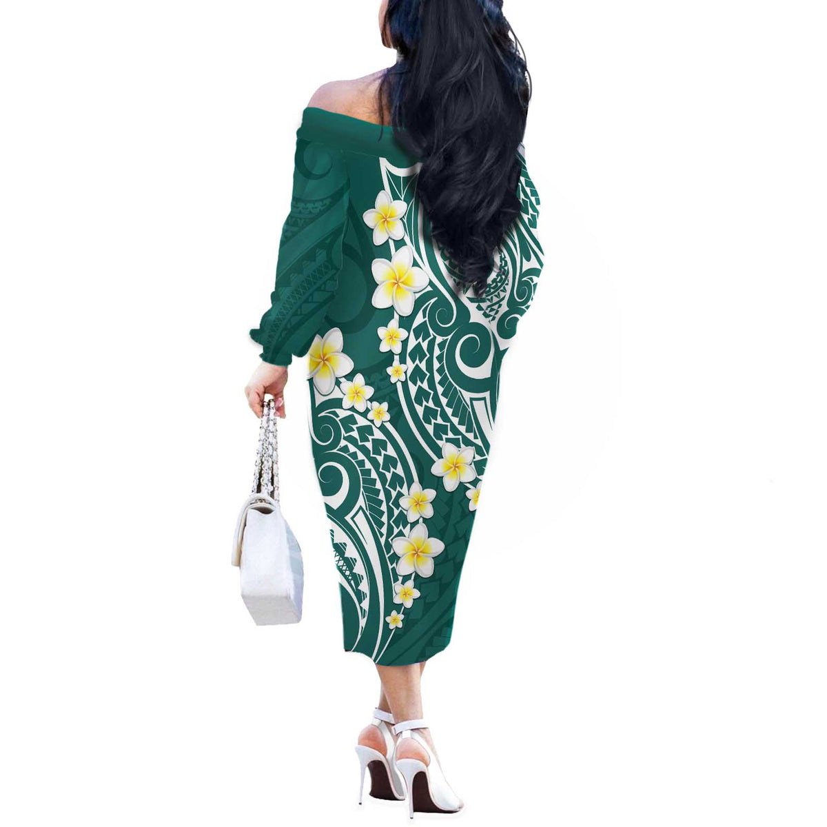 Plumeria With Teal Polynesian Tattoo Pattern Off The Shoulder Long Sleeve Dress