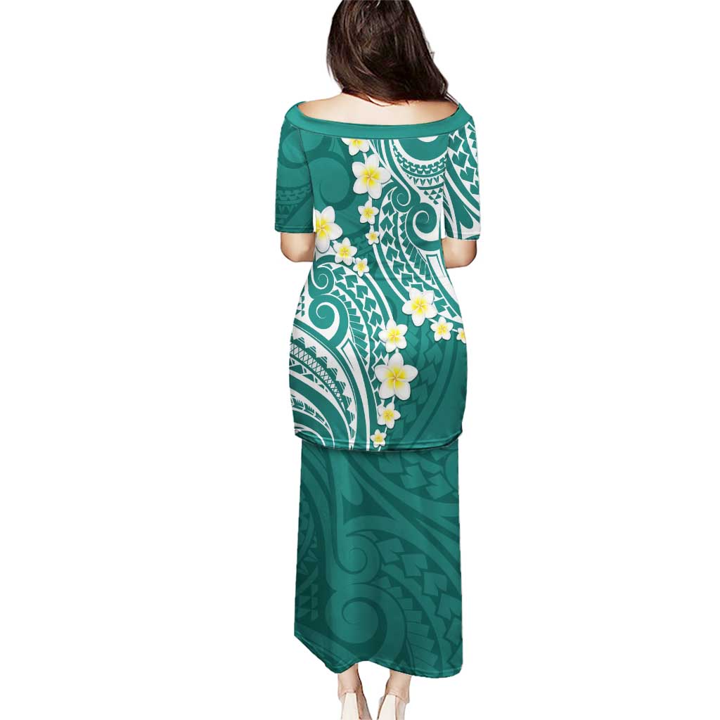 Plumeria With Teal Polynesian Tattoo Pattern Puletasi LT05 - Polynesian Pride