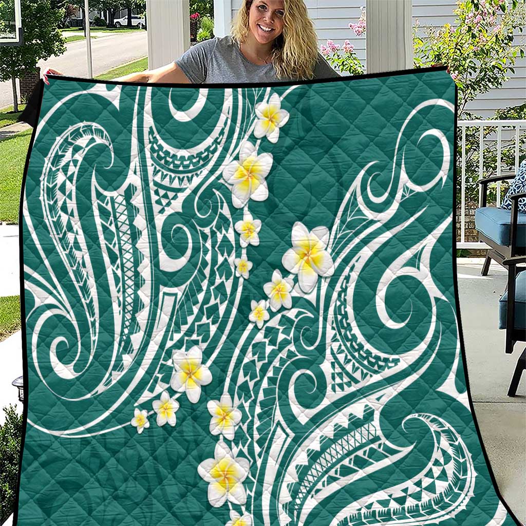 Plumeria With Teal Polynesian Tattoo Pattern Quilt