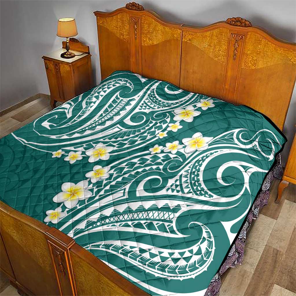 Plumeria With Teal Polynesian Tattoo Pattern Quilt