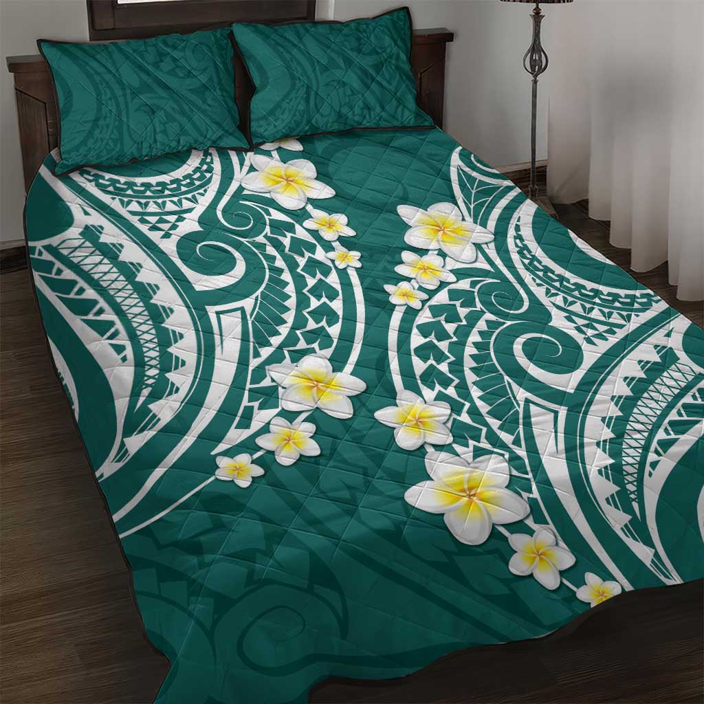 Plumeria With Teal Polynesian Tattoo Pattern Quilt Bed Set