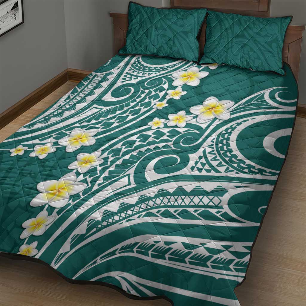 Plumeria With Teal Polynesian Tattoo Pattern Quilt Bed Set LT05 - Polynesian Pride