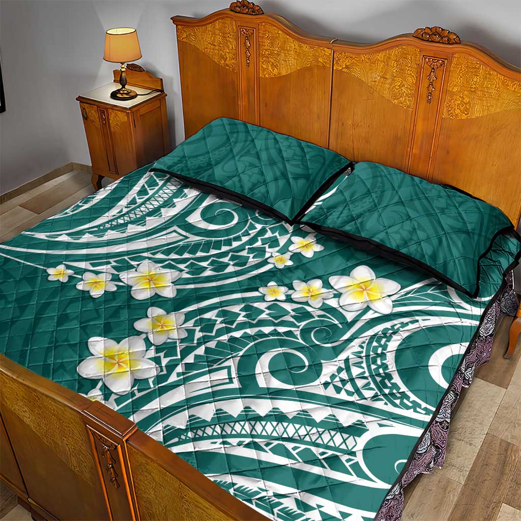 Plumeria With Teal Polynesian Tattoo Pattern Quilt Bed Set LT05 - Polynesian Pride