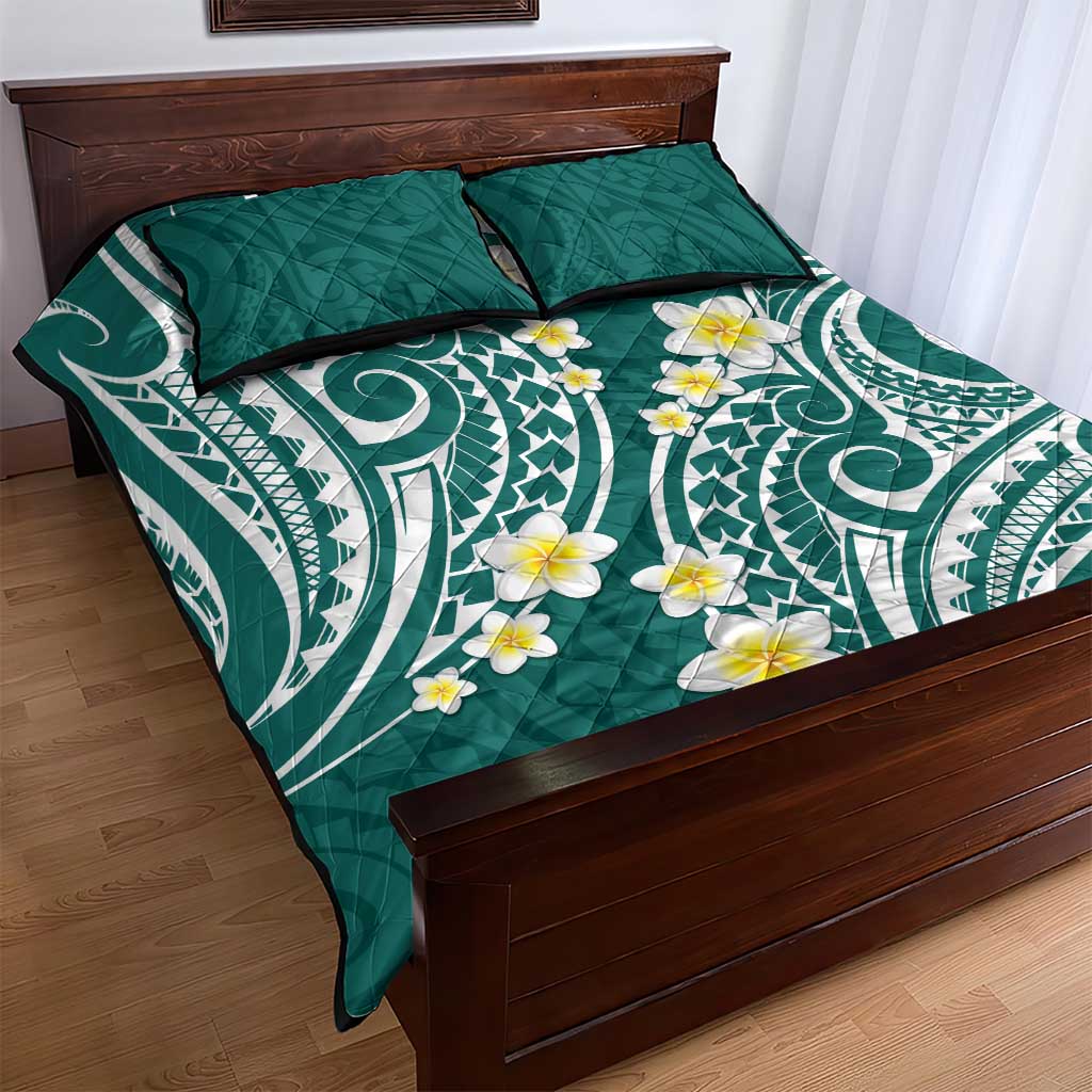 Plumeria With Teal Polynesian Tattoo Pattern Quilt Bed Set LT05 - Polynesian Pride