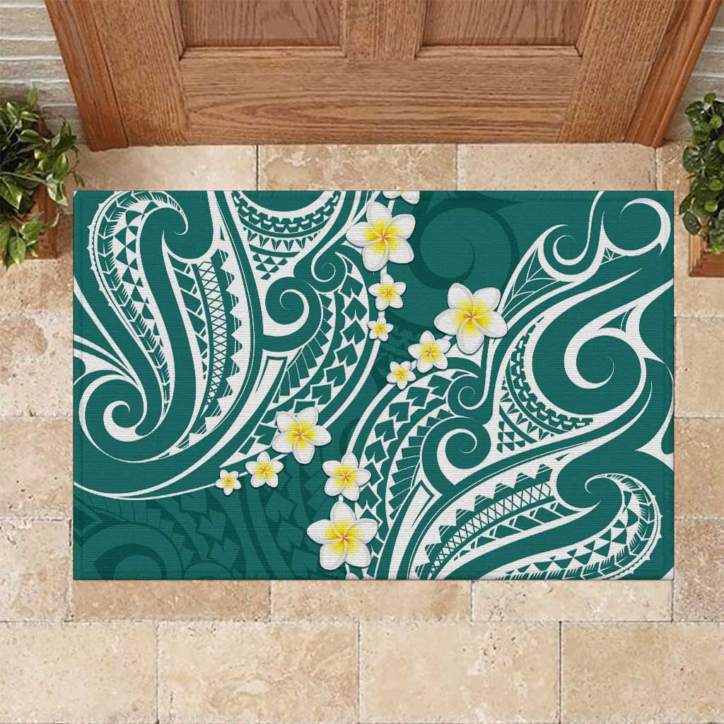 Plumeria With Teal Polynesian Tattoo Pattern Rubber Doormat LT05 Teal - Polynesian Pride